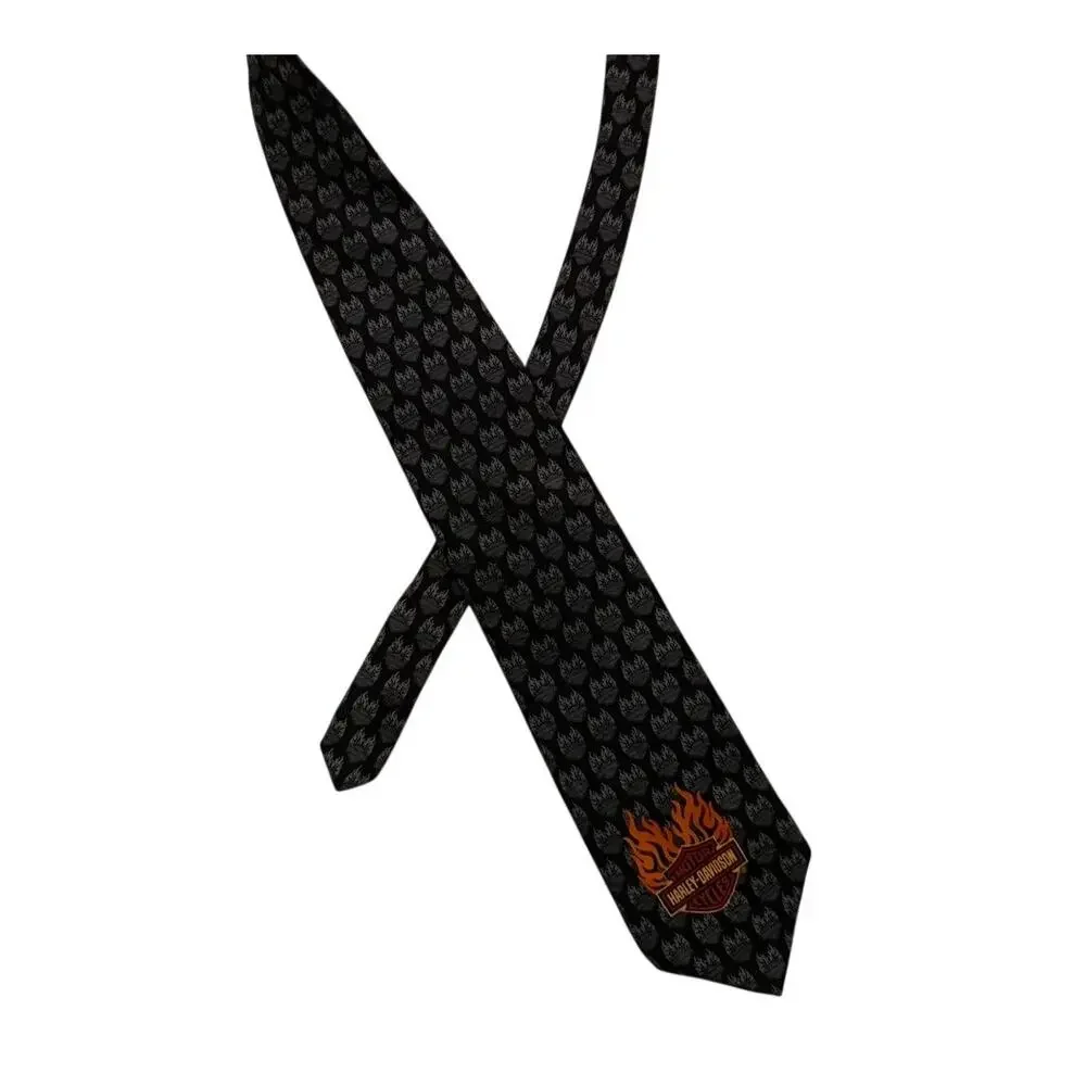 VTG 2004 Harley Davidson Ralph Marlin Neck Tie Tonal Flame Black Gray Logo Fire
